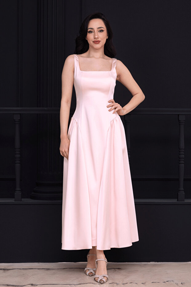 Waist Drawstring Midi Satin Dress - Pudra