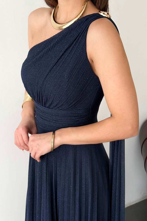 Women's Navy Blue One Shoulder Long Evening Dress | Special Occasion & Event Dress Mlb110