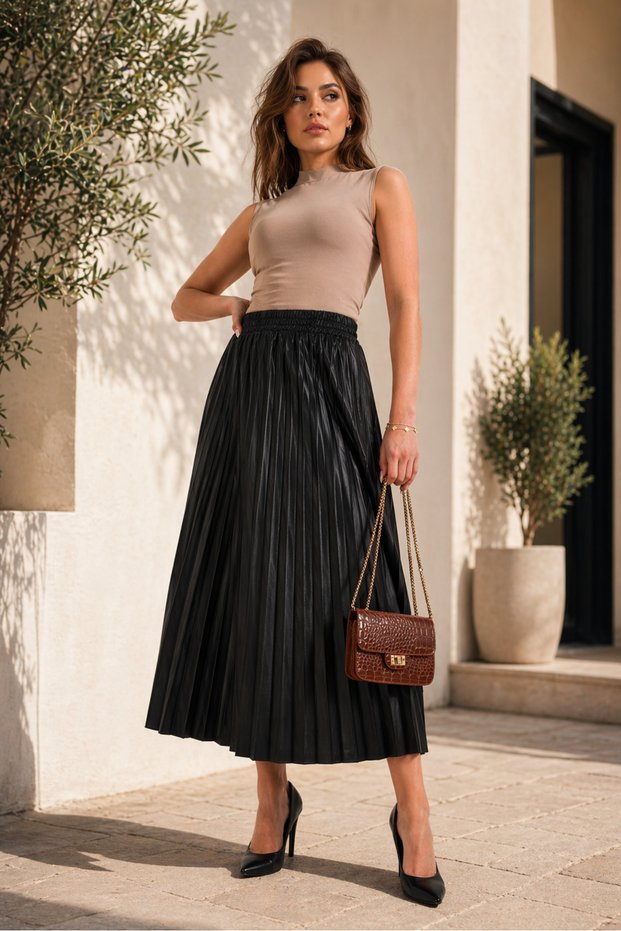 Black Women's Pleated Midi Skirt – High Waist Elastic, Office and Daily Use