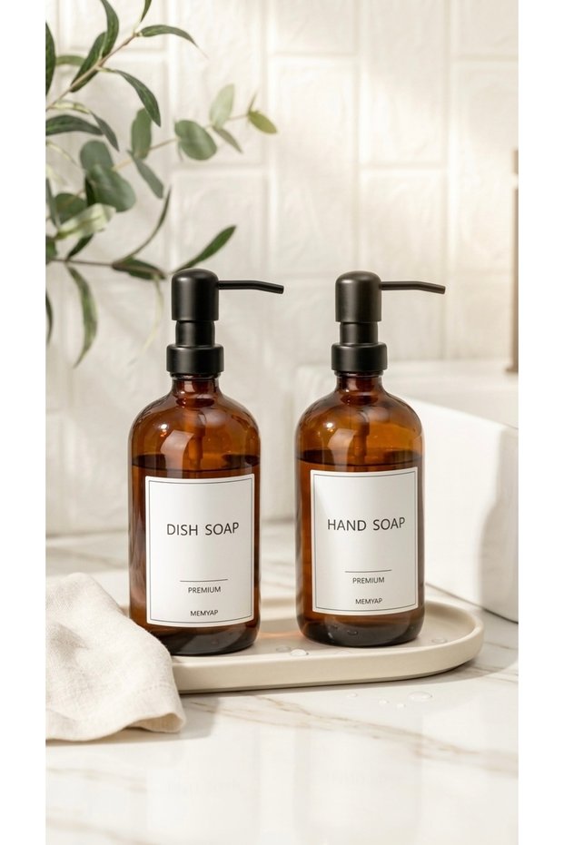Set of 2 Amber Glass Soap Dispensers - 500ml Dishwashing Liquid and Hand Soap Bottle - Minimalist Design Bottle for Kitchen & Bathroom