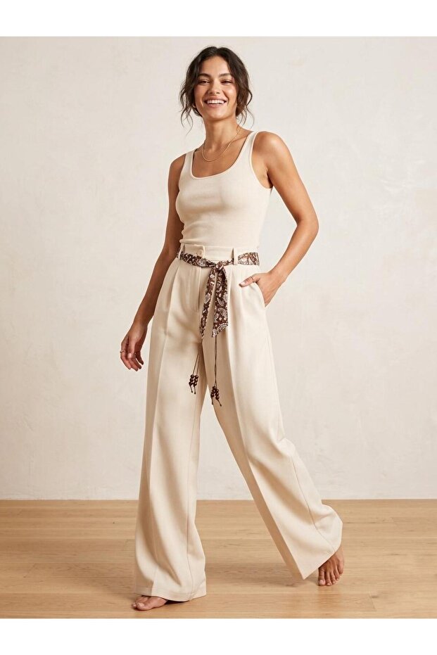 High Waist Beige Fabric Palazzo Trousers with Scarf