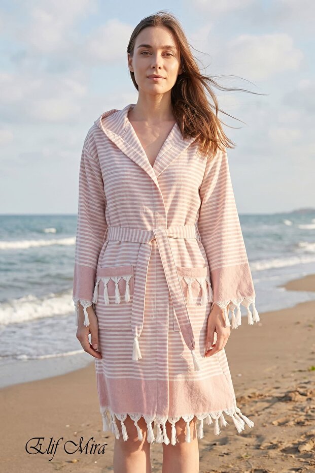 Hooded Unisex Peshtemal Bathrobe Beach Sea Bath Beachside