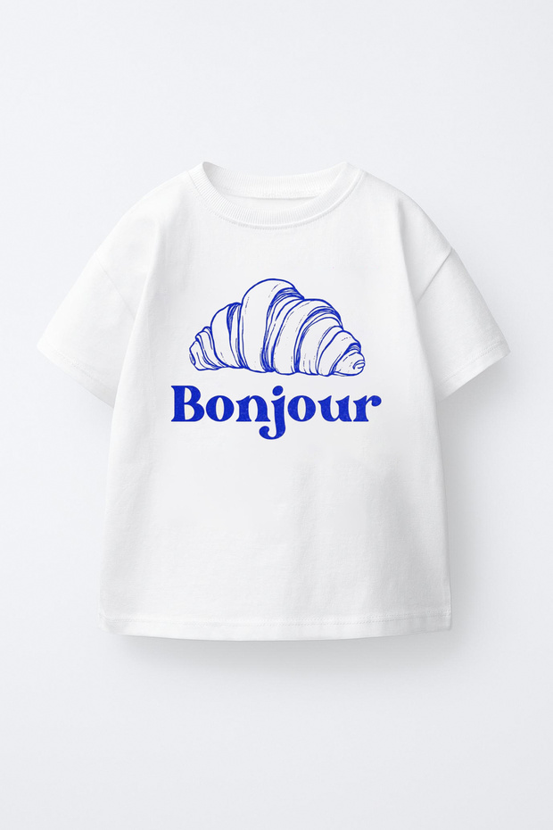 Unisex Kids Oversize Bonjour Croissant Printed T-Shirt