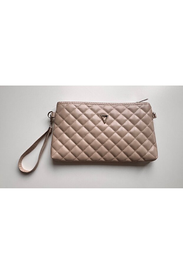 Portfolio Handbag with Wrist and Shoulder Strap - Mink Quilted Embroidered Clutch Bag