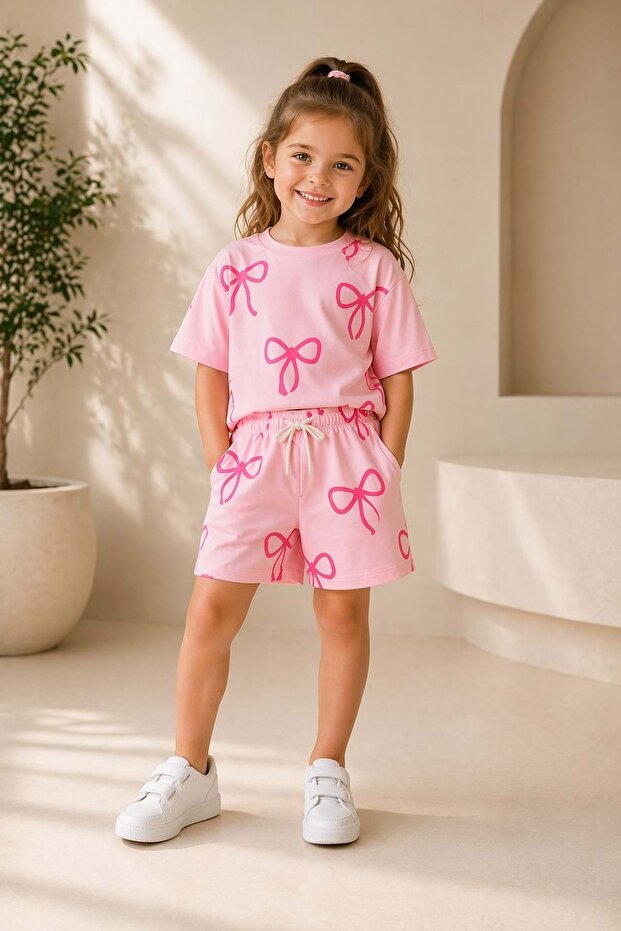 Bubble Pink Girls' Ribbon Printed Pink Color Top and Bottom Set
