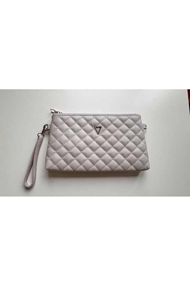 Portfolio Handbag with Wrist and Shoulder Strap - Gray Quilted Embroidered Clutch Bag