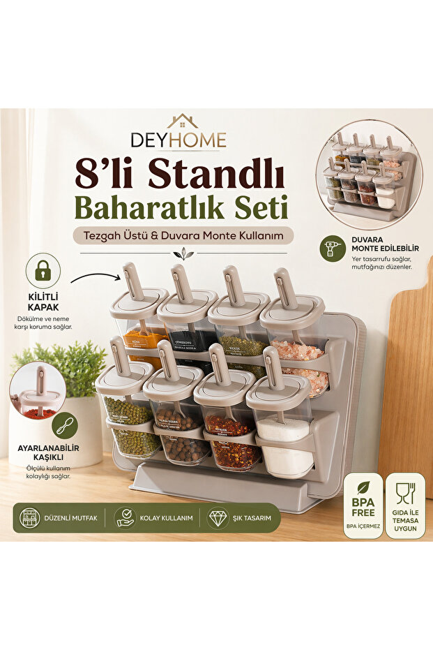 طقم توابل مكون من 8 قطع مع حامل، قابل للتعليق على الحائط ووضعه فوق الطاولة، مع غطاء قابل للقفل وملعقة، خالٍ من مادة BPA