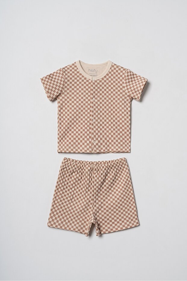 Brown Checkerboard Pattern, Baby Boy, Summer Shirt Shorts Set