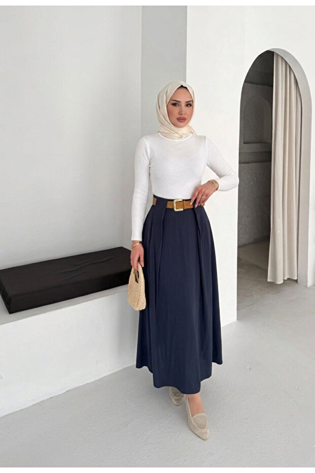 Modest Belted Pleated Maxi Woven Skirt