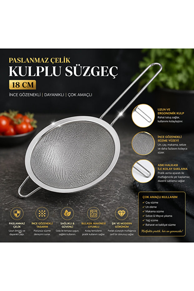 Stainless Steel Strainer with Handle 18 cm – Fine-Pore Durable Kitchen Strainer