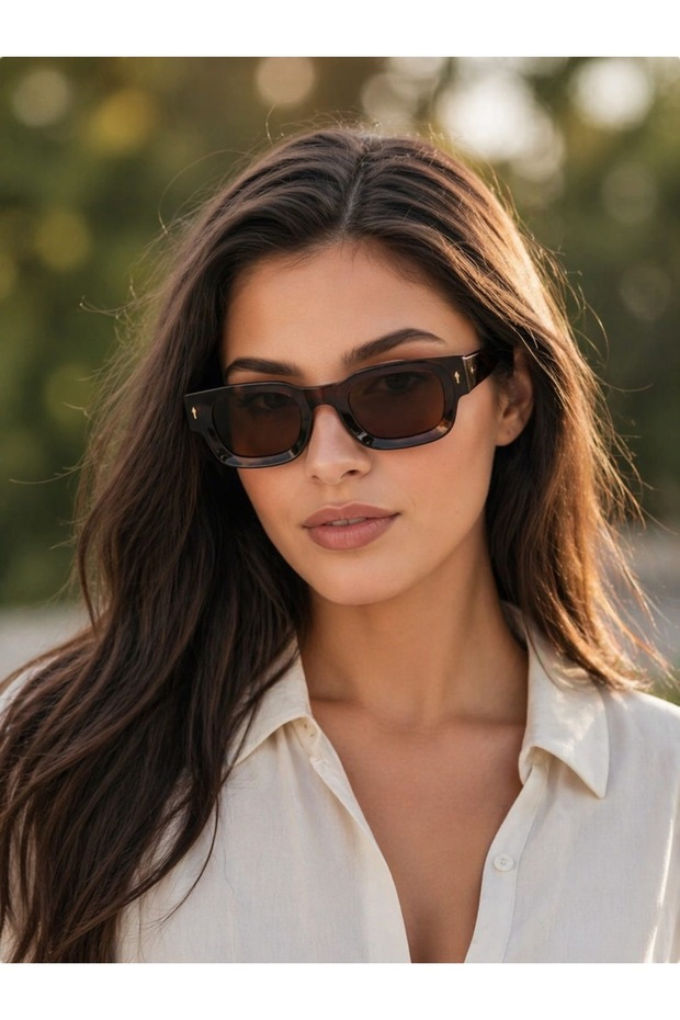 نظارات شمسية مستطيلة الشكل بتصميم ريترو - إطار سميك باللون البني الداكن بتصميم عتيق