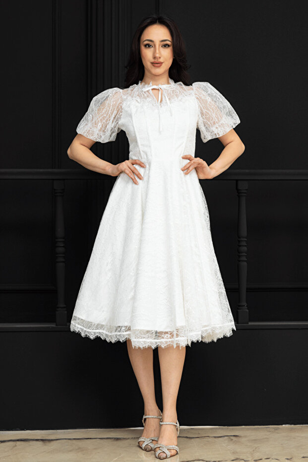 Balloon Sleeve Midi Lace Dress - White