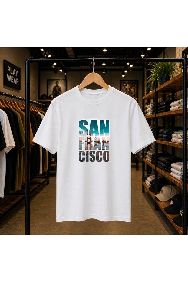 San Fran Cısco Chest Printed 100% Cotton Oversize Loose Regular Fit Crew Neck T-Shirt