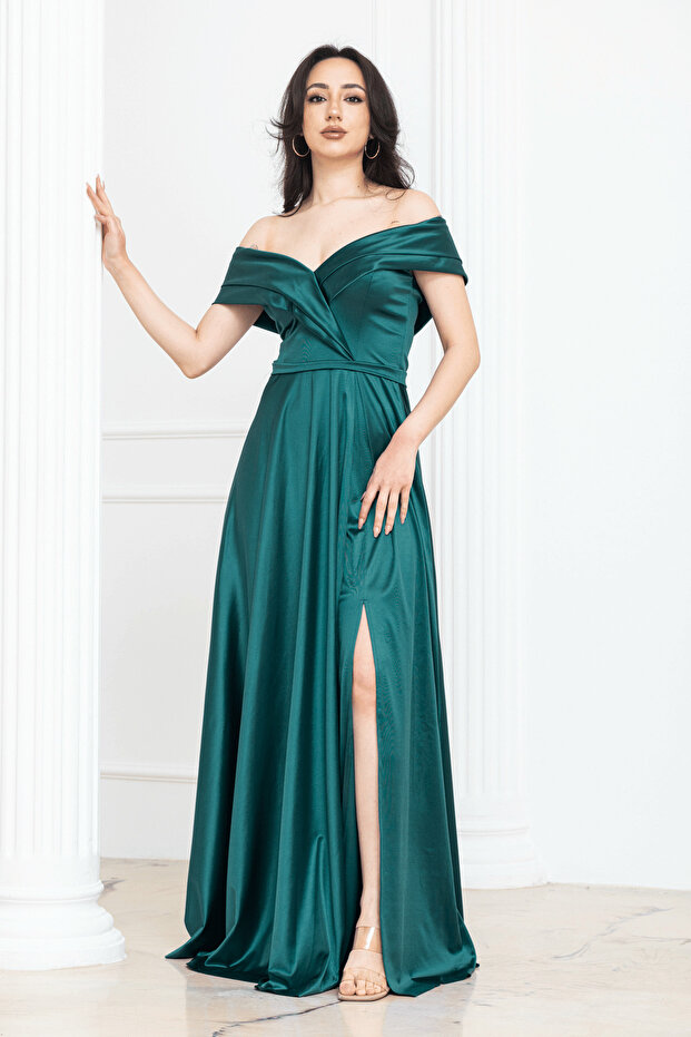 Boat Neck Long Satin Evening Dress - Emerald Green