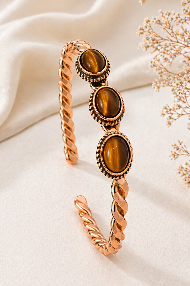 Three Rows of Tiger's Eye Stone Copper Bracelet for Women, Authentic Natural Stone, Handmade, Stylish Design