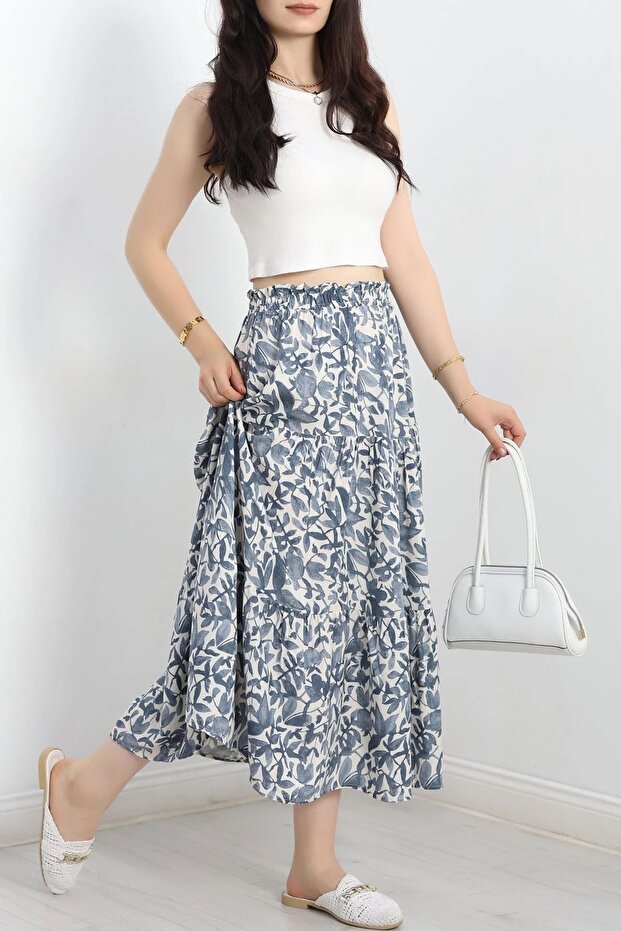 Women's Summer Elastic Waist Patterned Midi Length Viscose Skirt 3D-2385