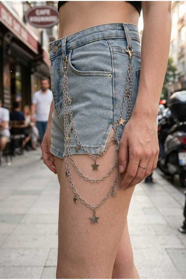 Silver Basic Star Detailed Triple Pant Chain