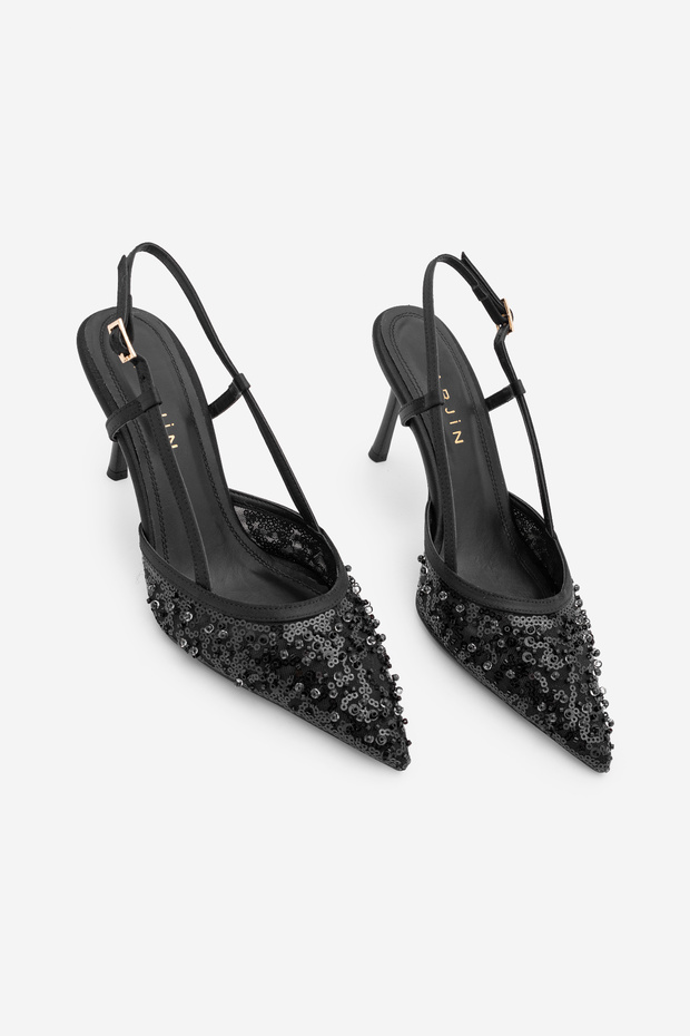 Women's Stiletto Pointed Toe Sequined Beaded Mesh Strappy Classic Heeled Shoes Daruka Black Satin