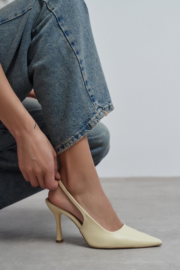 Elara Butter Yellow Matte Slingback V Vamp Line Pointed Toe Women's Heeled Shoes