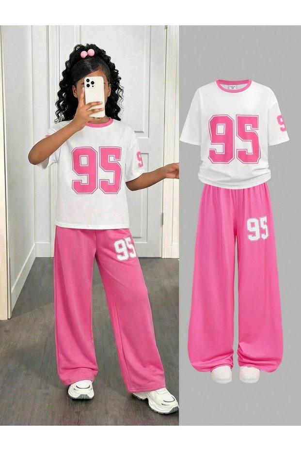 95 Printed Pink and White Children's Top and Bottom Set Wide Leg Cotton