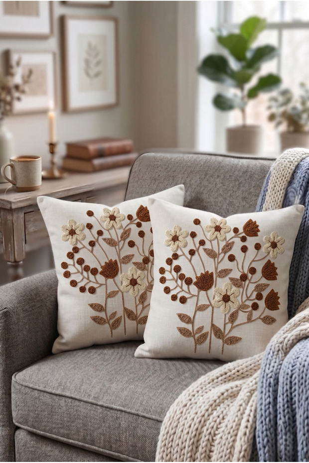 Floral Patterned Digital Printed Punch Look Decorative 2-Piece Throw Pillow Cover