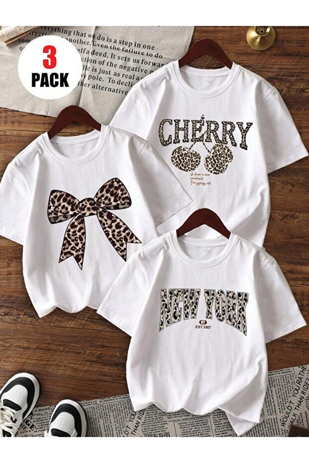 Girls' New York-Cherry-Leopard Printed 3-Piece T-Shirt
