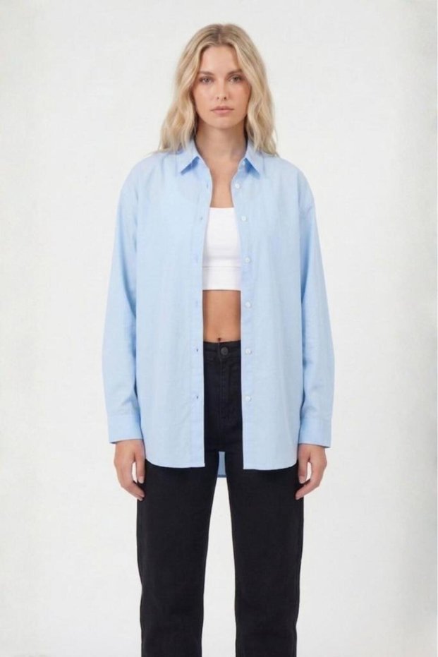 Women's Cotton Blend Terry Cotton Boyfriend Long Sleeve Basic Shirt Baby Blue