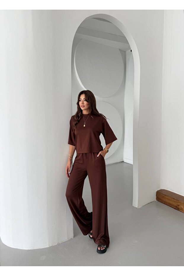 Women's half sleeve blouse and bottom lace-up wide leg two-piece set