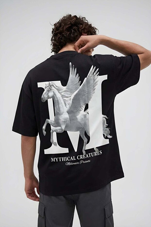 Men's Mythical Pegasus Printed Black Crew Neck Oversize Casual T-Shirt