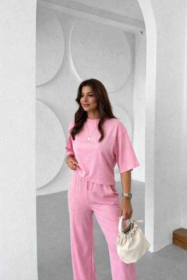Women's half sleeve blouse and bottom lace-up wide leg two-piece set