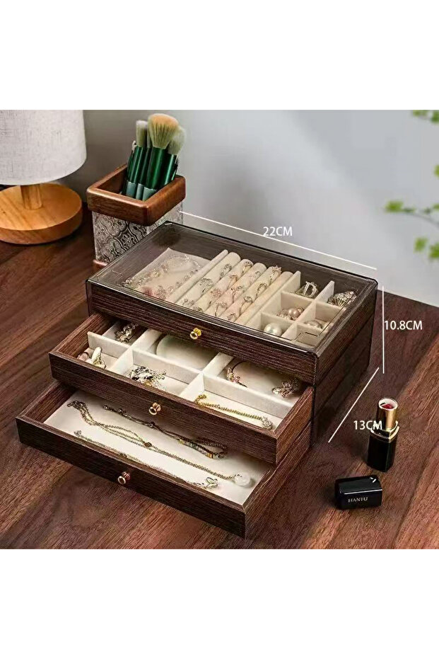 صندوق مجوهرات كبير متعدد الطبقات بتصميم أنيق لحفظ الأقراط والخواتم والقلائد، منظم مكتبي أنيق.