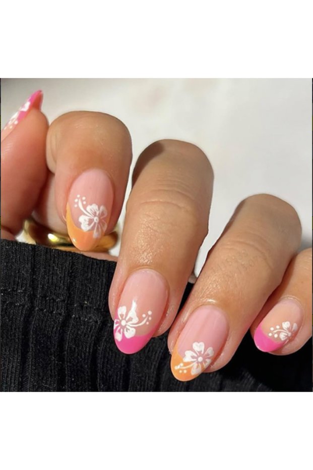 Beige 24PCS Pink Pressing Short Almond Fake Nail White Flower Design Cute Hibiscus Flower Full Cover