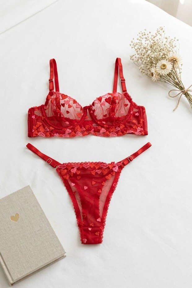 Heart Pattern Bralet Set Bra Set Red - 3