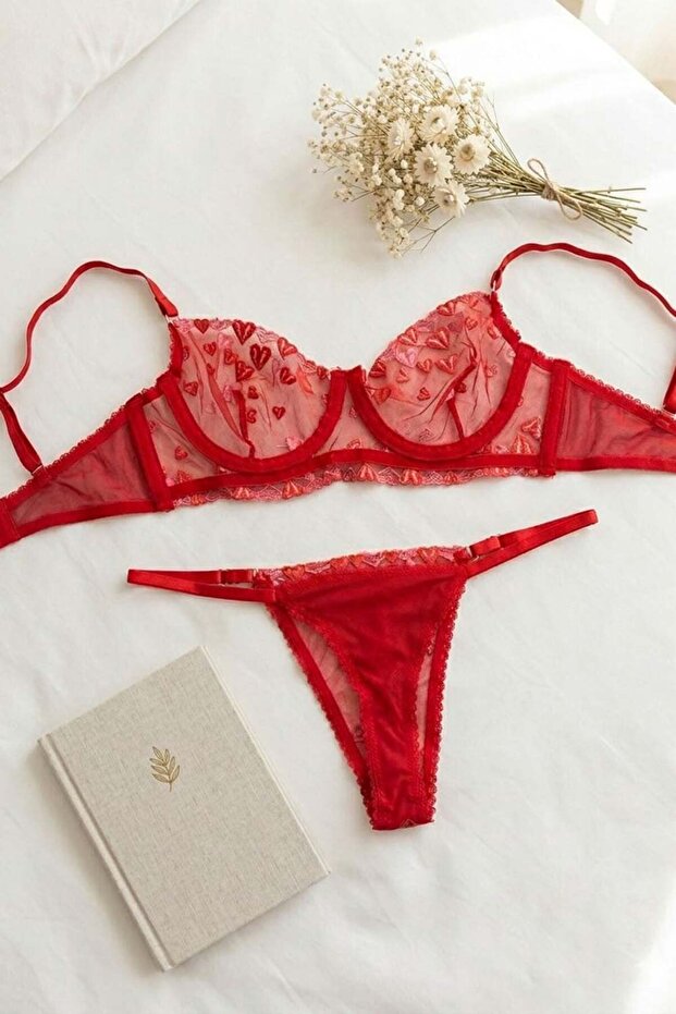 Heart Pattern Bralet Set Bra Set Red - 2