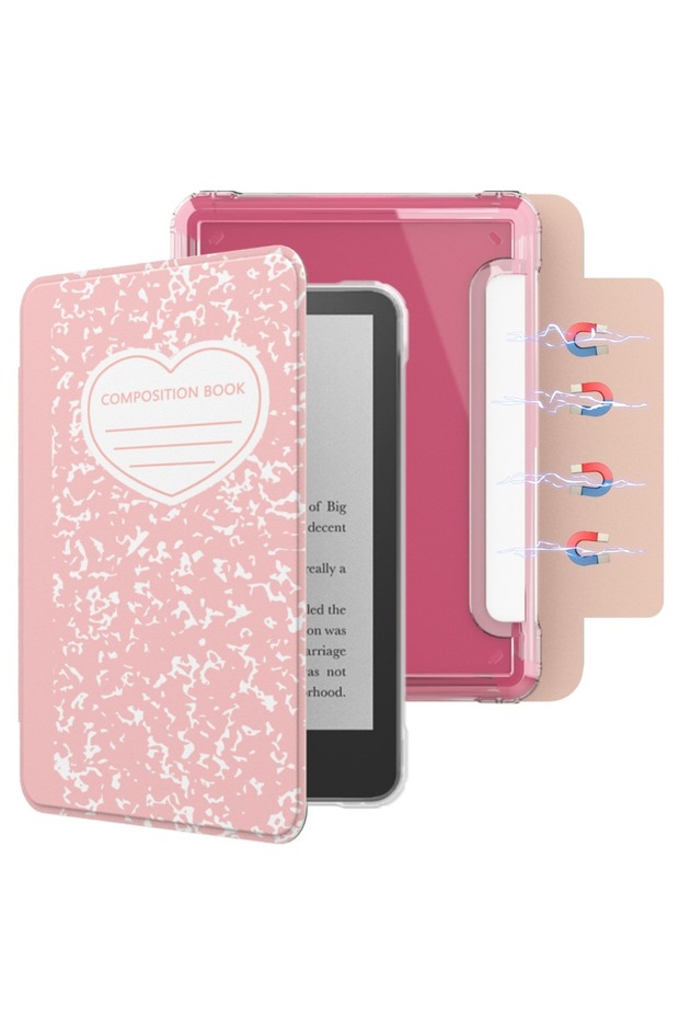 Pink Notebook Auto Wake/Sleep e-Reader Case Detachable Acrylic Magnetic Cover Smart for Kindle Paper