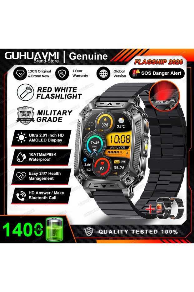 Big battery capacity Black Steel B 2A 2026 New Built-in 1400mAh Super Large Battery Men Smart Watch