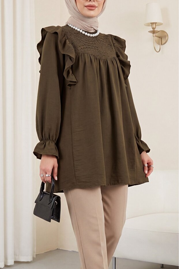 Shoulder Ruffle Robe Lace Embroidered Linen Tunic -Brown