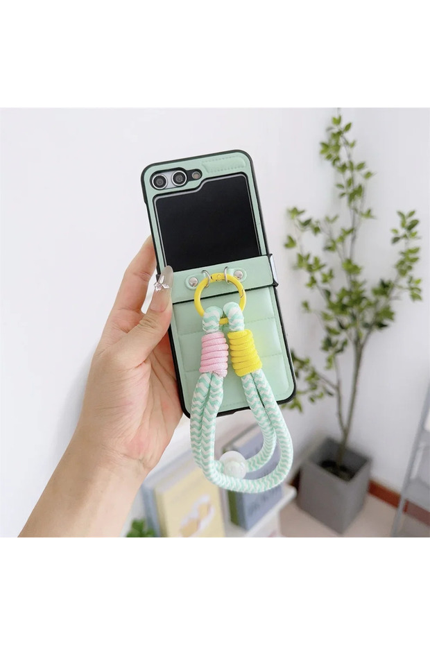 Galaxy Z Flip5 Green PU Leather Wrist Strap Bracelet For Z Flip 7 fe 6 5 4 3 5G Phone Case Hard H
