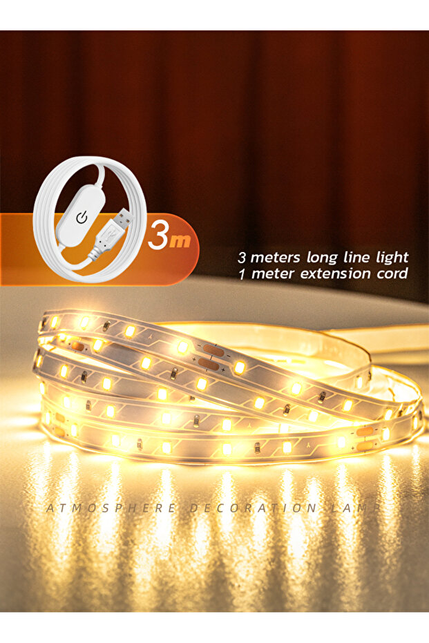 3-Meter + 1 Meter Connection Line (3000K - Warm White) LED Strip Light, USB Connector with Switch Control, For Gaming Setup/ Entertainment/ PC/ Television/ Room Decor