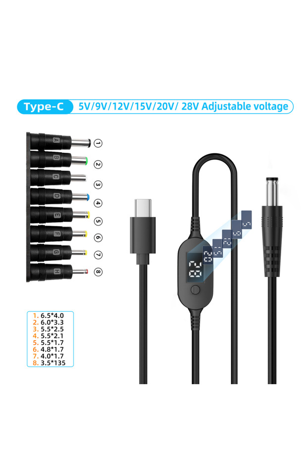 140W-TYX-PVC-8in1 USB C to DC Power Cable 140W Type C to 5V 9V 12V 15V 20V 28V Adjustable Voltage Ad