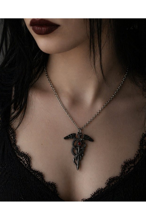Gothic Dragon Sword Figured Black Necklace with Red Detail Unisex