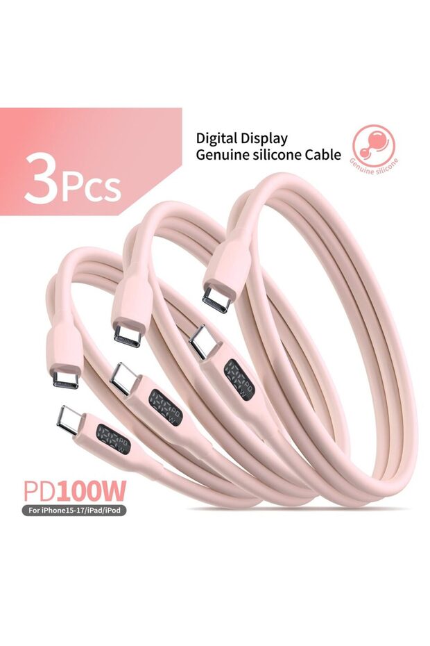 Type-C to Type-C 1m 3pcs PD100W USB C Super Fast Charging Cable Cute Pink Silicone LED Display Scree