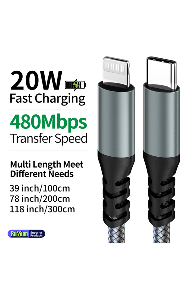 كابل USB-C إلى Lightning بطول 2 متر، رمادي اللون، معتمد من MFi، كابل شحن سريع 20 واط مجدول من النايلون
