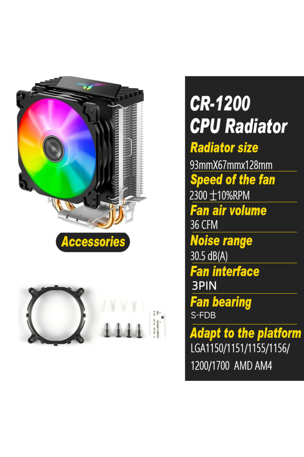 RGB WHITE CR-1200 Jonsbo CR1200 9cm 2 Heat Pipes Tower CPU Cooler with RGB Rainbow Cooling Radiator