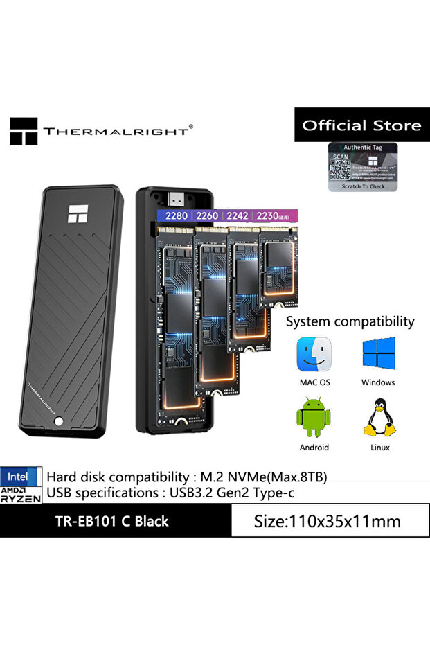 NVMe-10Gbps Thermalright TR-EB101 C Black M.2 NVMe SATA SSD Enclosure USB C USB 3.2 Gen 2 10Gbps Alu