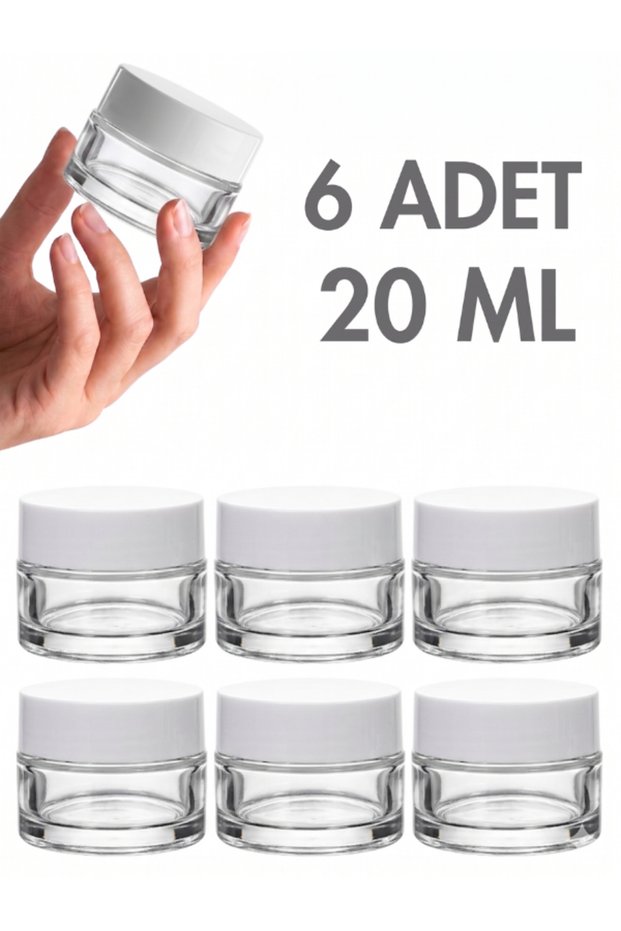 6Pcs White Glossy Cap Transparent Lip Skin Care Cream Cosmetic Hand Care Travel Glass Jar 20ml