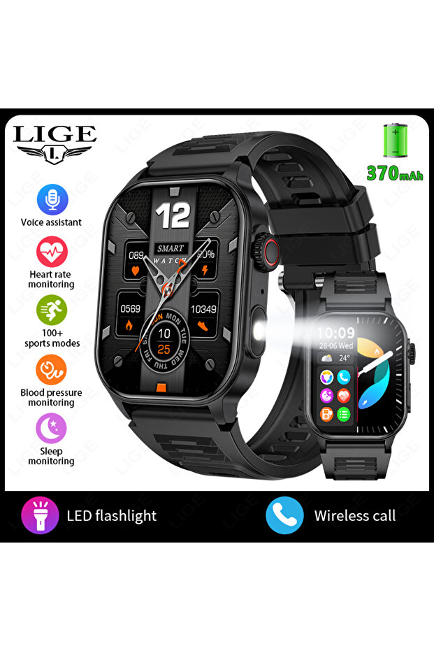LIGE smart health watch black Silicone LIGE New Men Smart Watch Flashlight 2.01" HD Large Screen AI