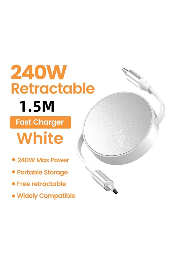 كابل شحن وبيانات سريع قابل للسحب من نوع USB-C إلى USB-C بطول 1.5 متر وقدرة 240 واط باللون الأبيض مناسب لهواتف آيفون إكس...