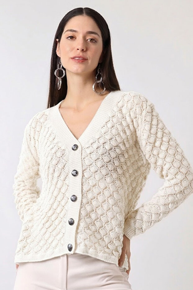 Women's Cream Openwork Buttoned Seasonal Knitwear Cardigan