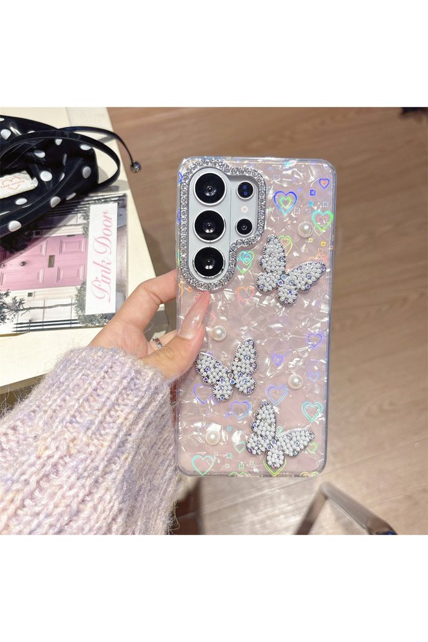 Galaxy S26 Ultra Pink With Butterfly Luxury Diamond Butterfly Phone Case for S26 S25 S24 S23 Ultra